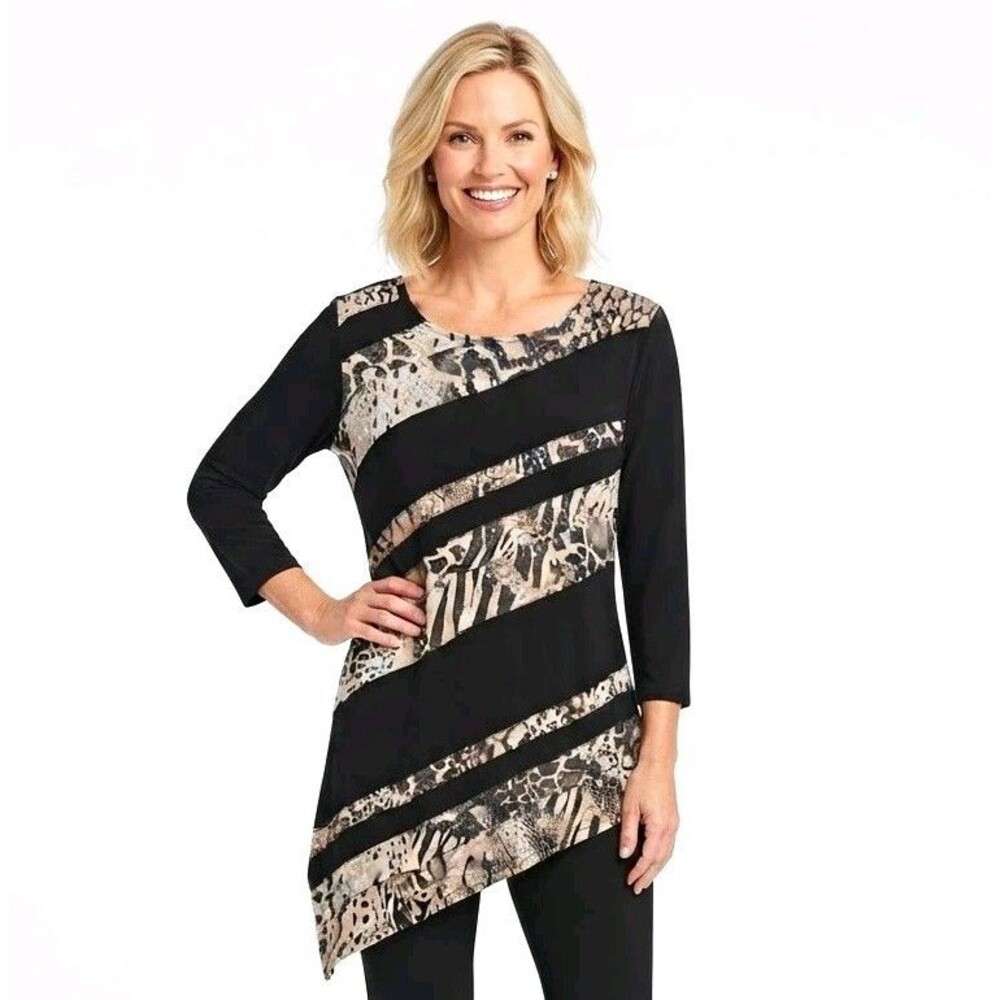 Chico's Travelers Top sz 2 Black Animal Print Sequins diagonal hem 3/4 slv Large
